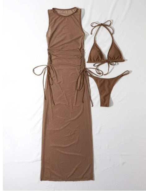 Solid Color Bikini Set with Maxi Dress Cover-Up | Women's Three-Piece Swimwear