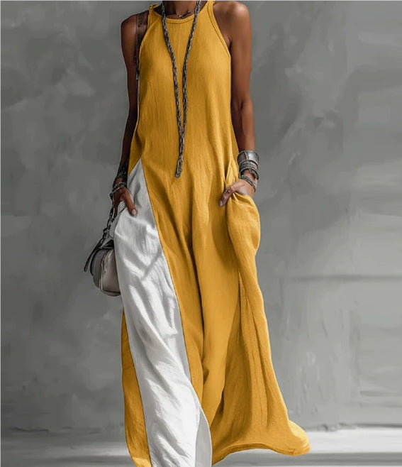 Off-Shoulder Color-Block Flared Maxi Dress with Pockets