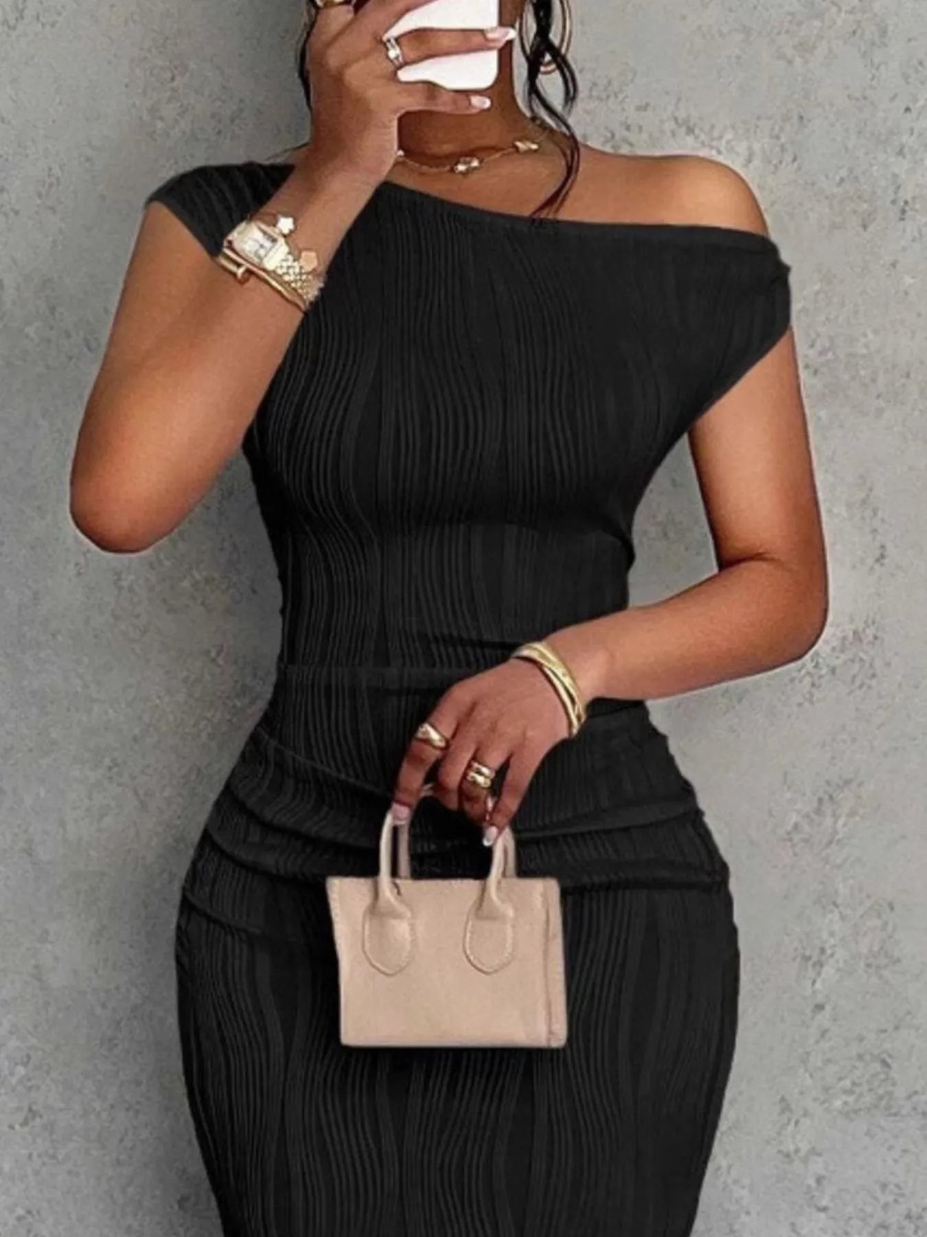 Textured One-Shoulder Bodycon Maxi Dress