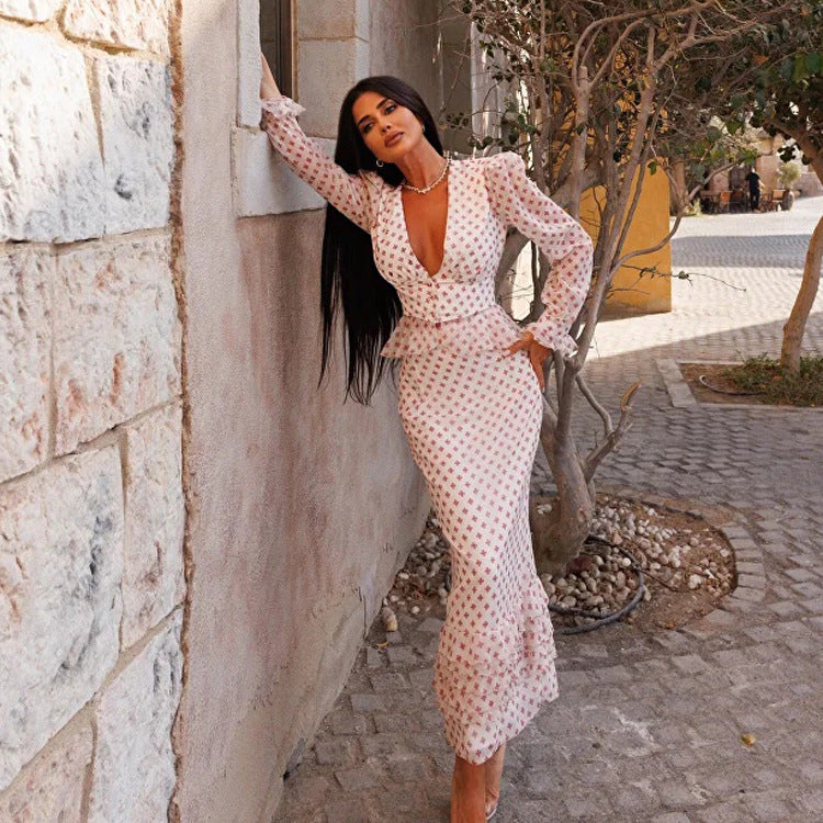 Cross-Print Deep V-Neck Peplum Top & Tiered Midi Skirt Set