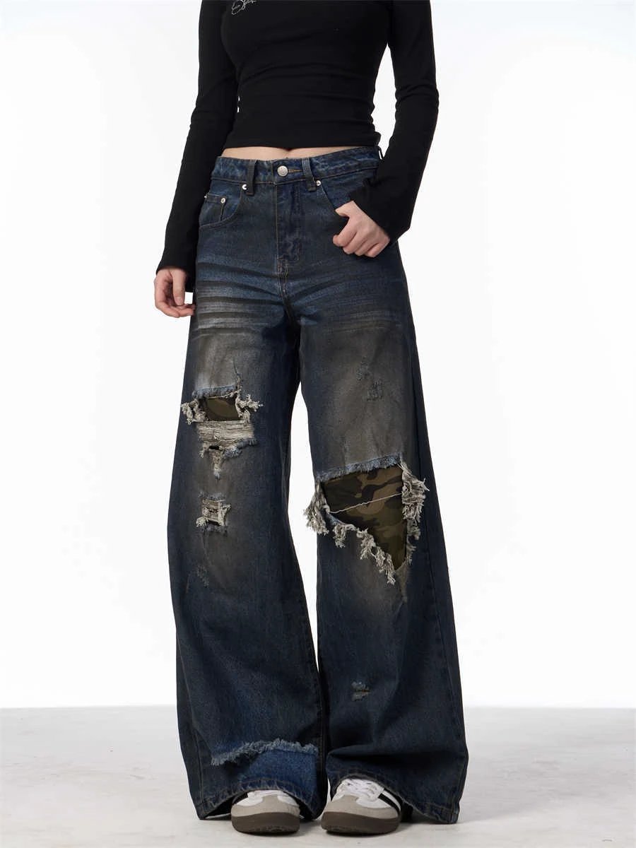 The Camo Rebel Distressed Wide-Leg Jeans