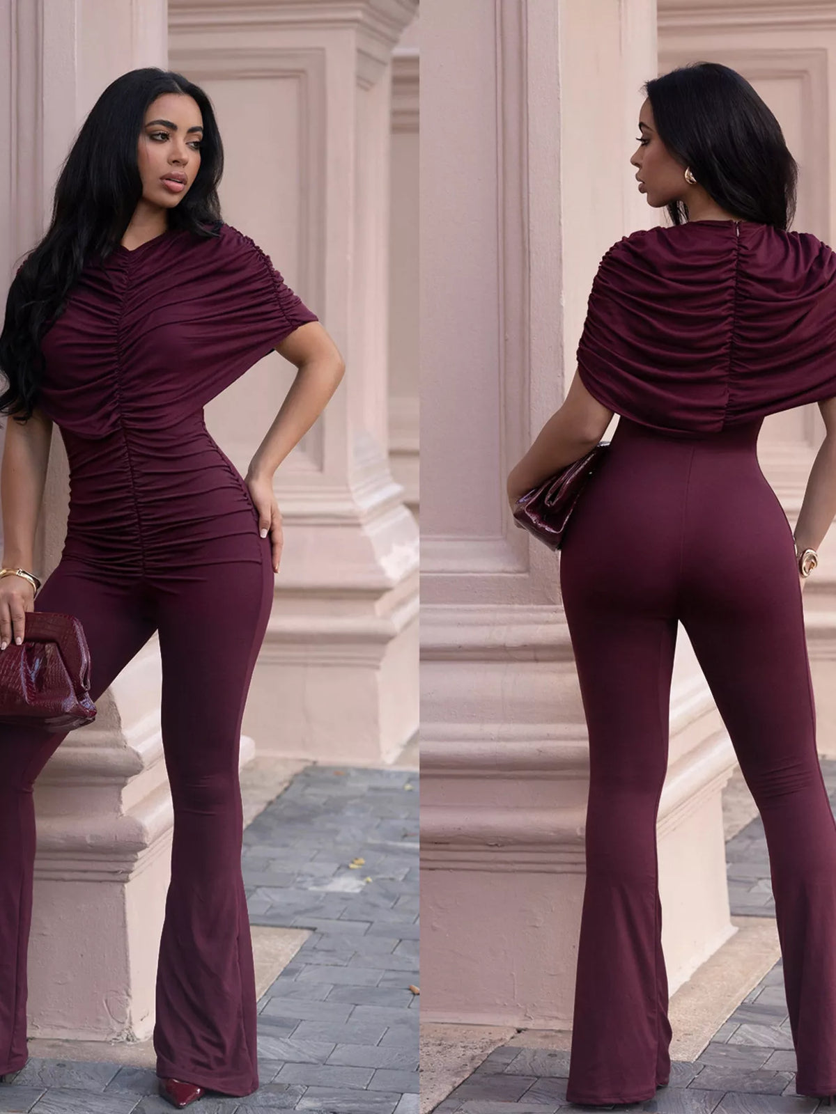 The Evening Agenda Ruched Flare Jumpsuit