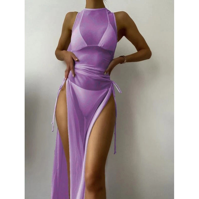 Solid Color Bikini Set with Maxi Dress Cover-Up | Women's Three-Piece Swimwear