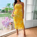 The Golden Bloom Strapless Floral Dress