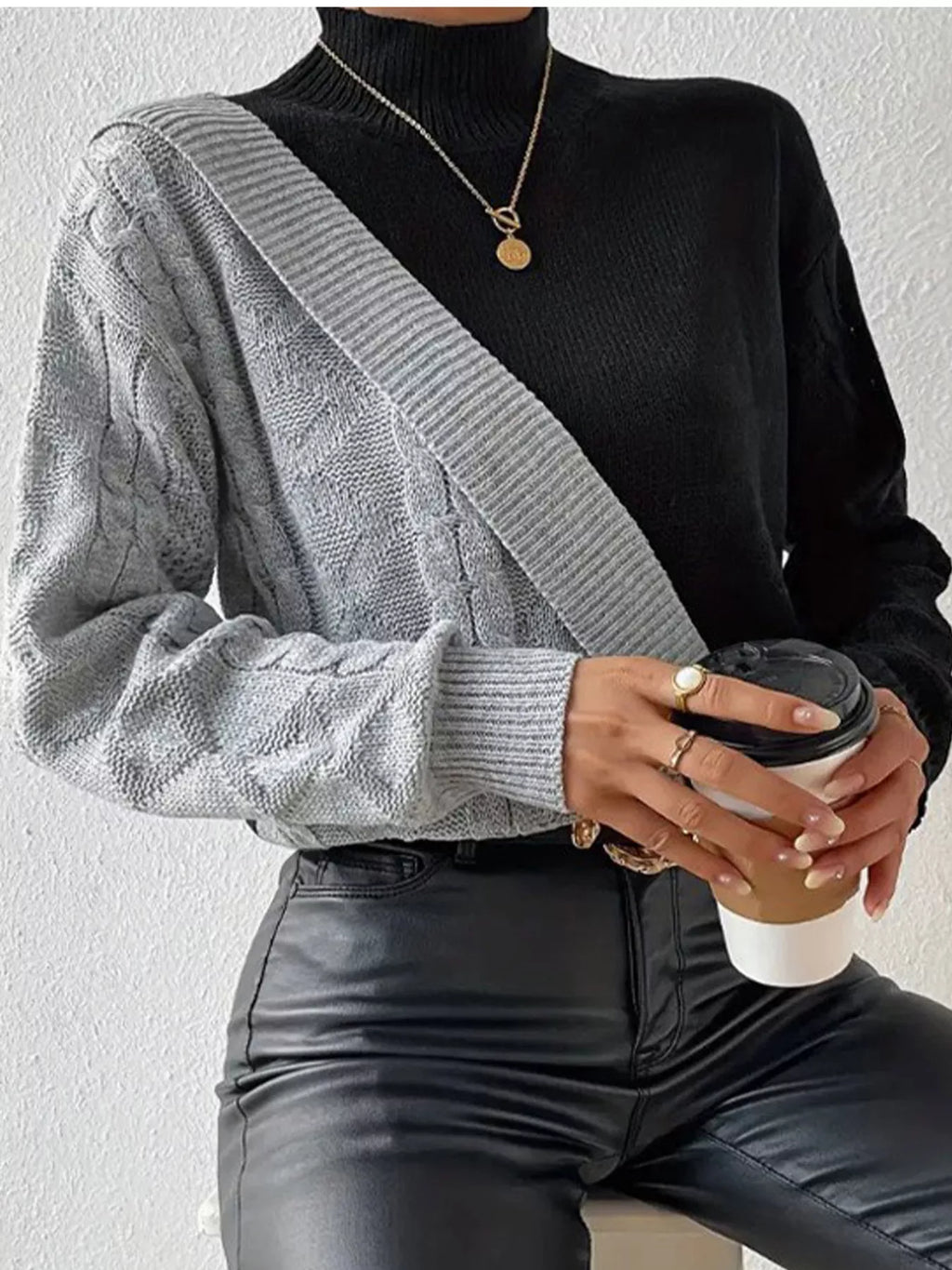 The Uptown Contrast Cable-Knit Mock Neck Sweater