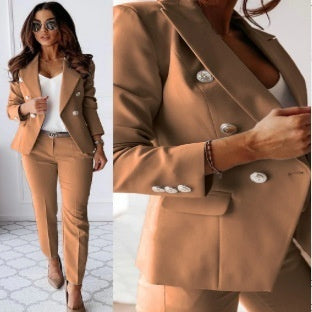 Double-Breasted Lapel Blazer & Zip-Up Trousers Suit | Women's Two-Piece Commute Set