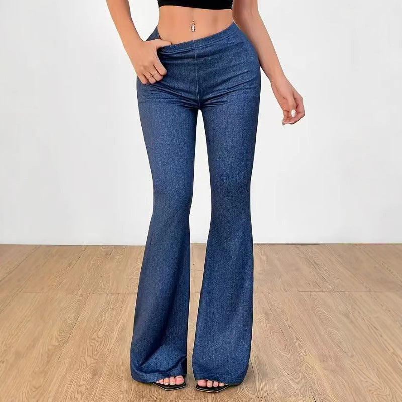 High-Waist Denim-Print Flare Bell-Bottom Pants