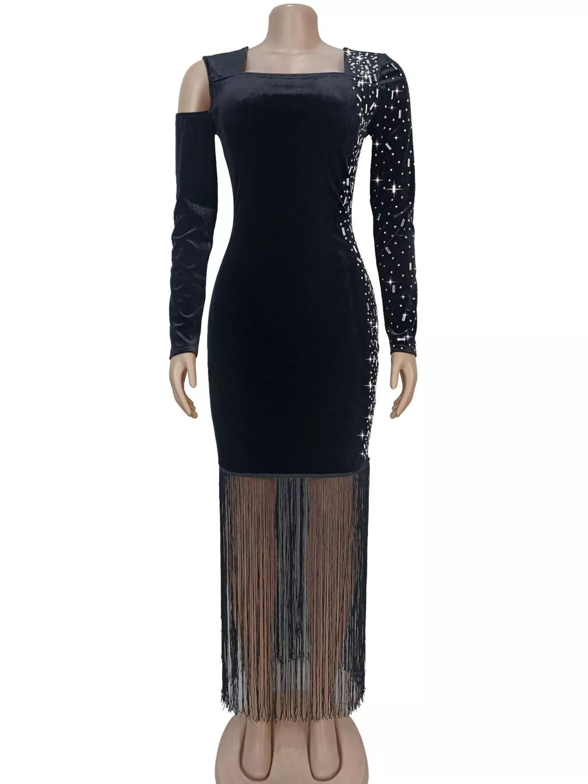 The Noir Encore Asymmetric Fringe Dress