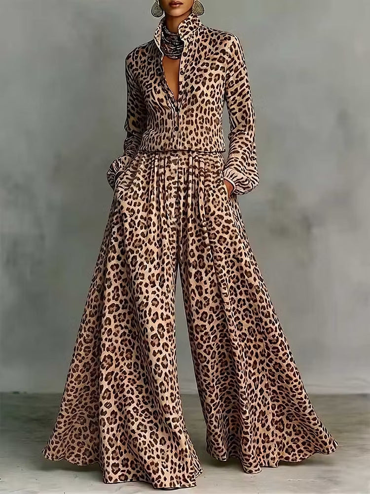 Leopard Print Wide-Leg Pants Set | Women's Two-Piece Long Sleeve Outfit