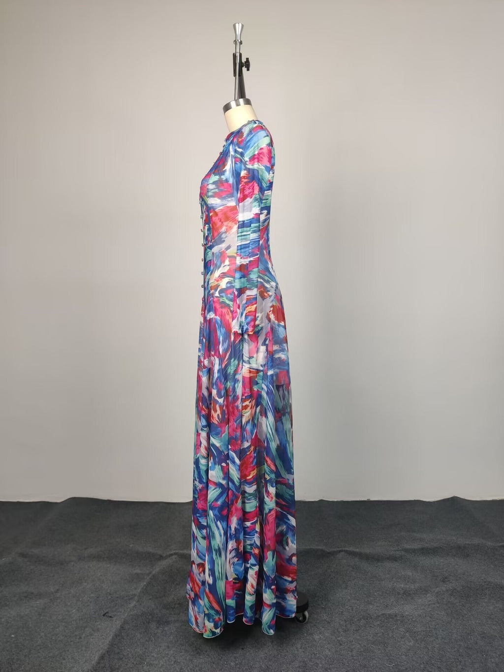 Brushstroke Abstract Print Button-Front A-Line Maxi Dress