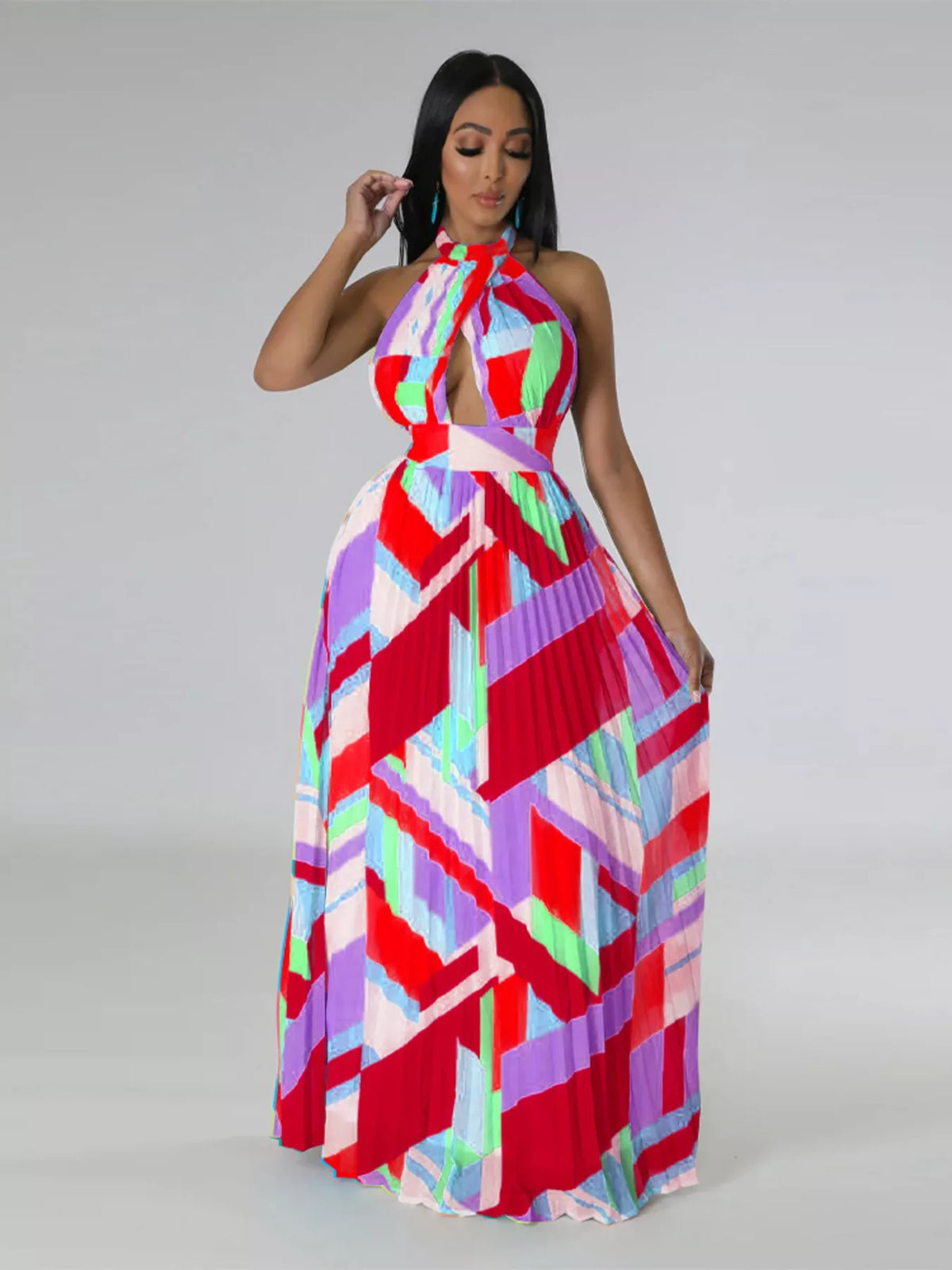 The Halter Geometric Pleated Maxi Dress