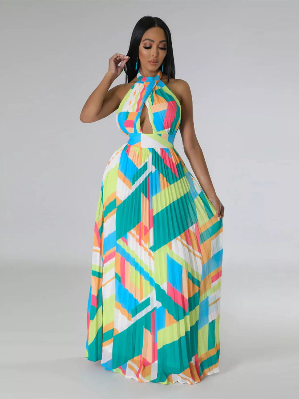 The Halter Geometric Pleated Maxi Dress