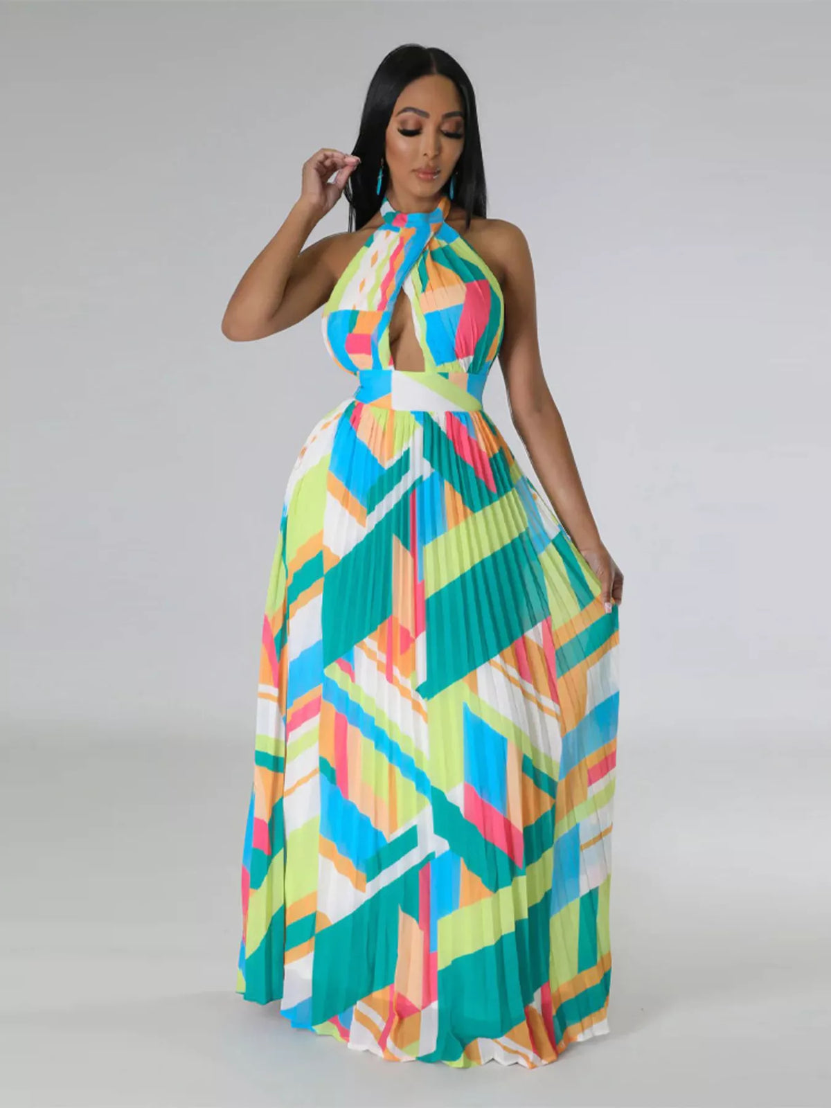 The Halter Geometric Pleated Maxi Dress