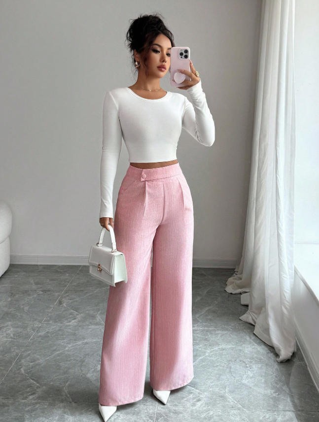 High-Waist Straight-Leg Pants | Women's Solid Color Button Detail Full Length