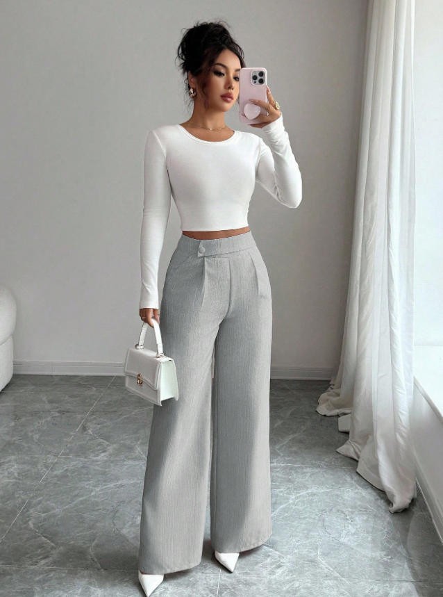 High-Waist Straight-Leg Pants | Women's Solid Color Button Detail Full Length