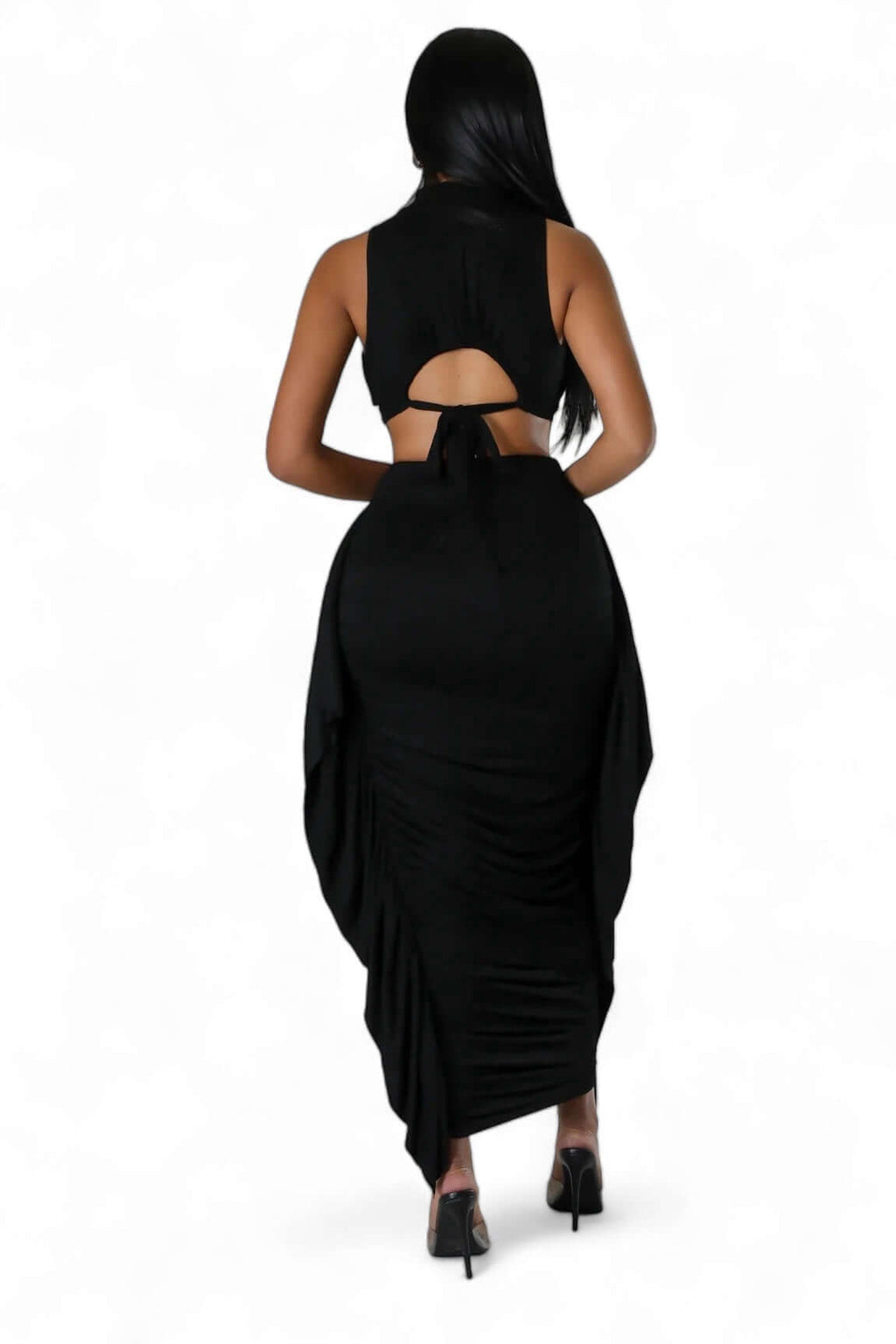 Mock Neck Crop Top & Ruched Fringe Midi Skirt Set