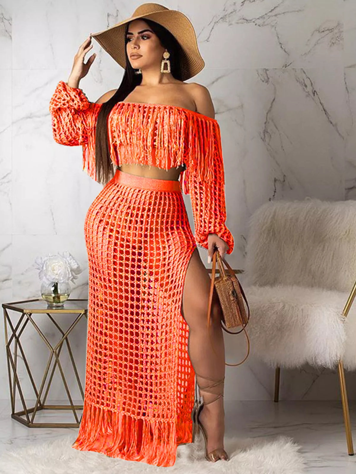 The Coastal Fringe Crochet Skirt Set