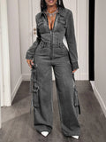 Zip Front Wide Leg Denim Jumpsuit