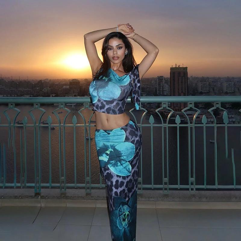 The Blue Bloom Leopard Top & Maxi Skirt Set