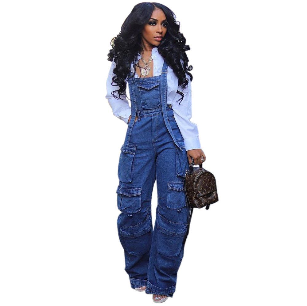 Denim Cargo Overall Jumpsuit | Wide-Leg Bib Multi-Pocket Loose Fit