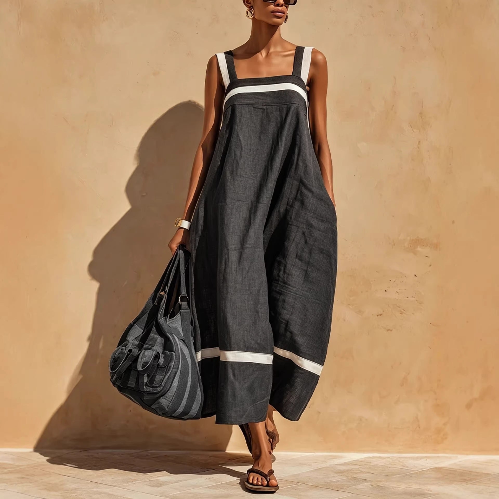 Contrast Strap Linen-Blend Midi Dress | Square Neck Loose Relaxed Fit