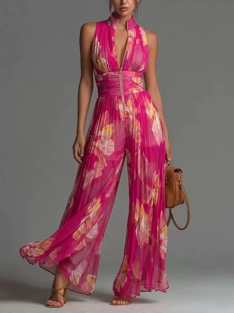 The Floral Chiffon Halter Pleated Jumpsuit