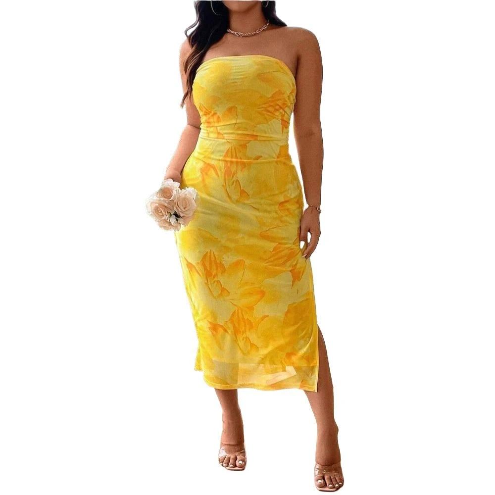 The Golden Bloom Strapless Floral Dress