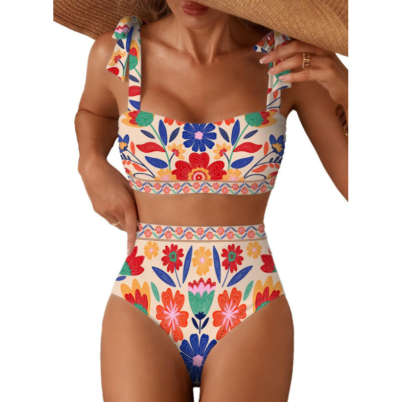 Tie-Shoulder High-Waisted Bikini Set | Women's Two-Piece Swimsuit