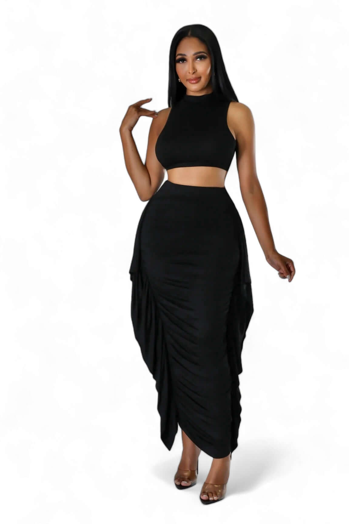 Mock Neck Crop Top & Ruched Fringe Midi Skirt Set