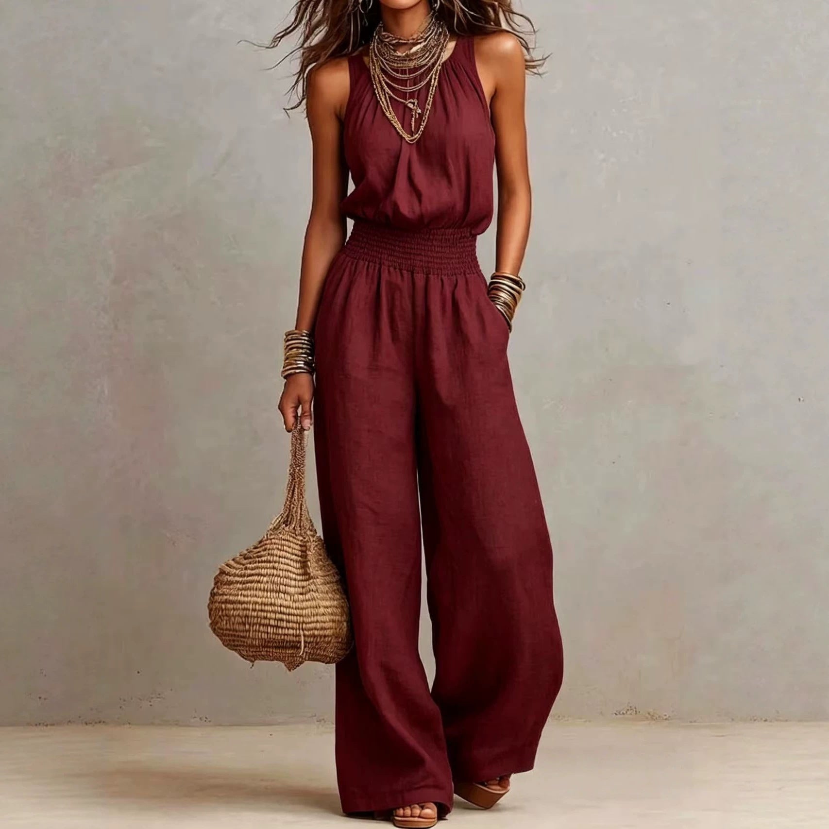 Halter-Neck Backless Wide-Leg Jumpsuit | Solid Color Sleeveless One-Piece