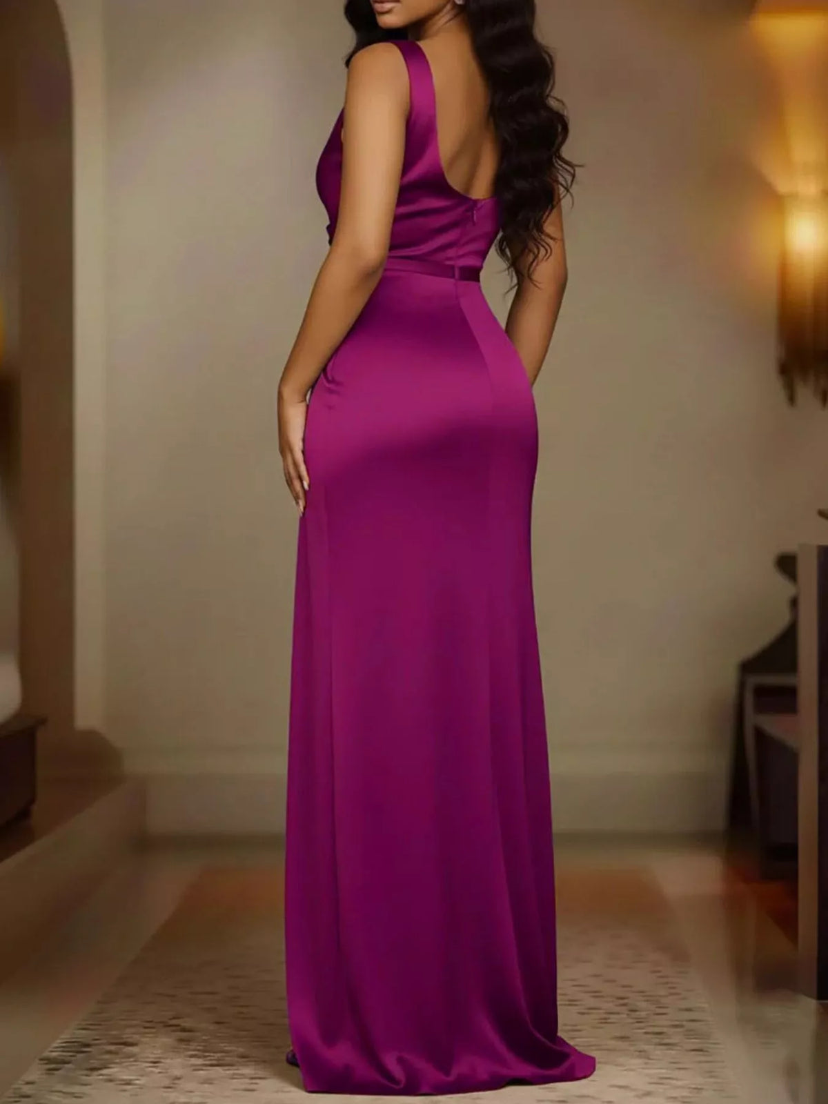 The Satin Cowl Neck High Slit Maxi Dress