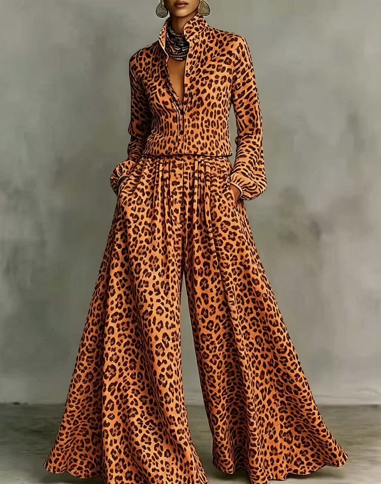 Leopard Print Wide-Leg Pants Set | Women's Two-Piece Long Sleeve Outfit