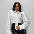 Pinstripe Tie-Neck Structured Shoulder Cropped Shirt
