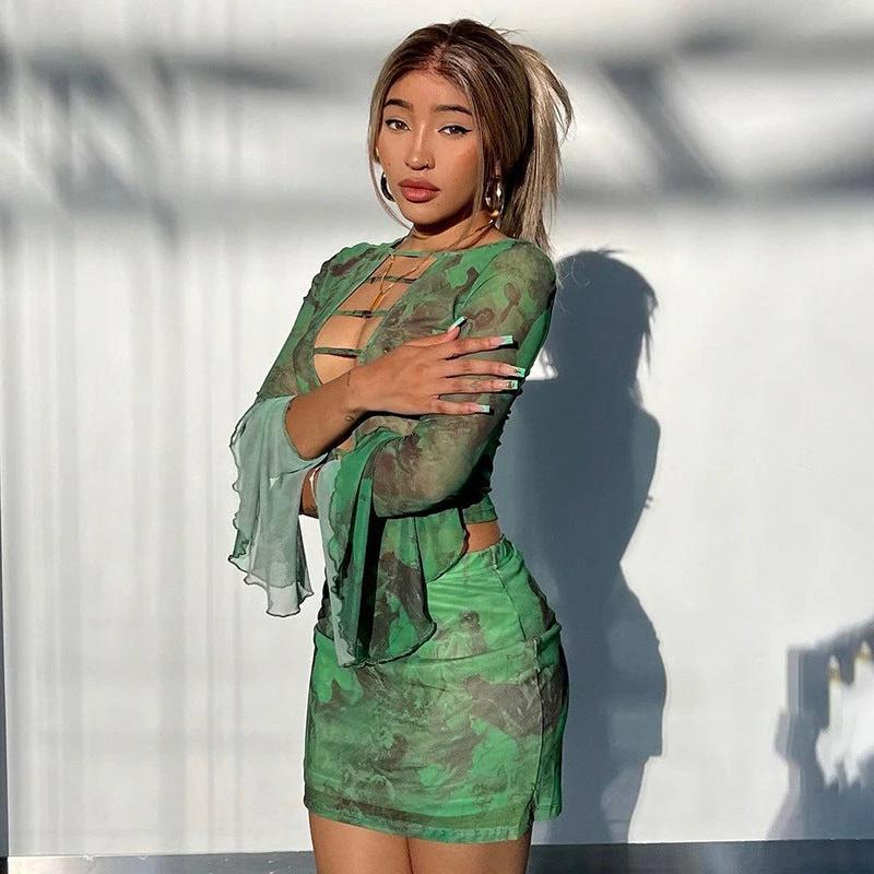The Green Envy Cutout Top & Mini Skirt Set