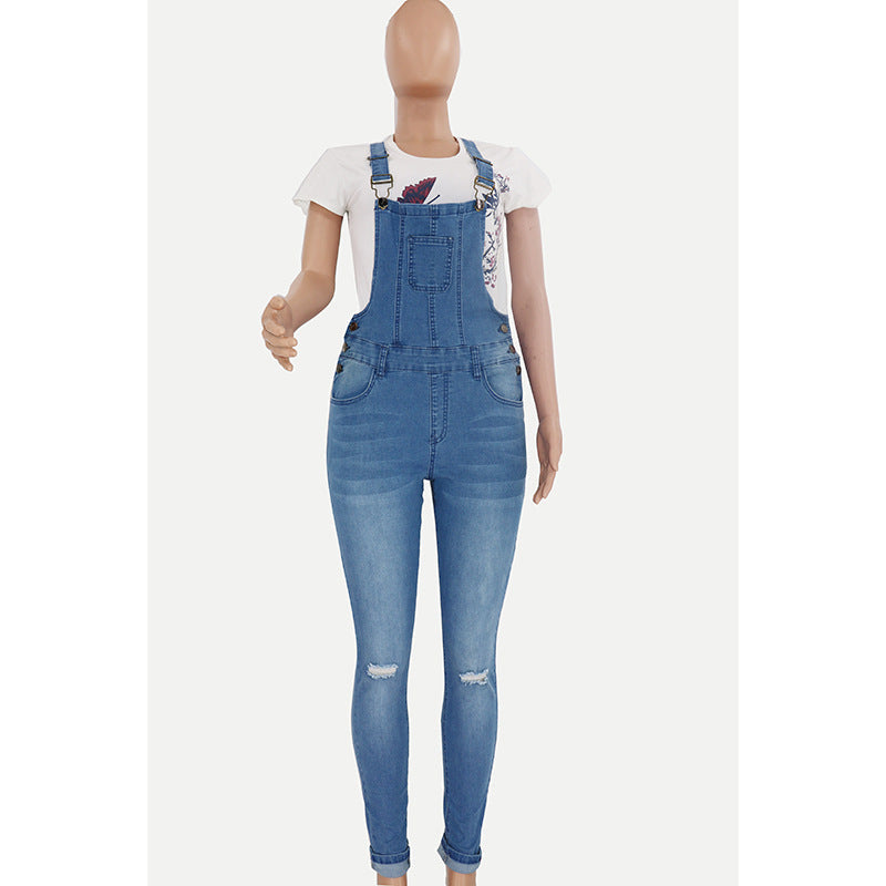 Ripped Washed Denim Overalls | Women's Cropped Mid-Rise Bib Pants