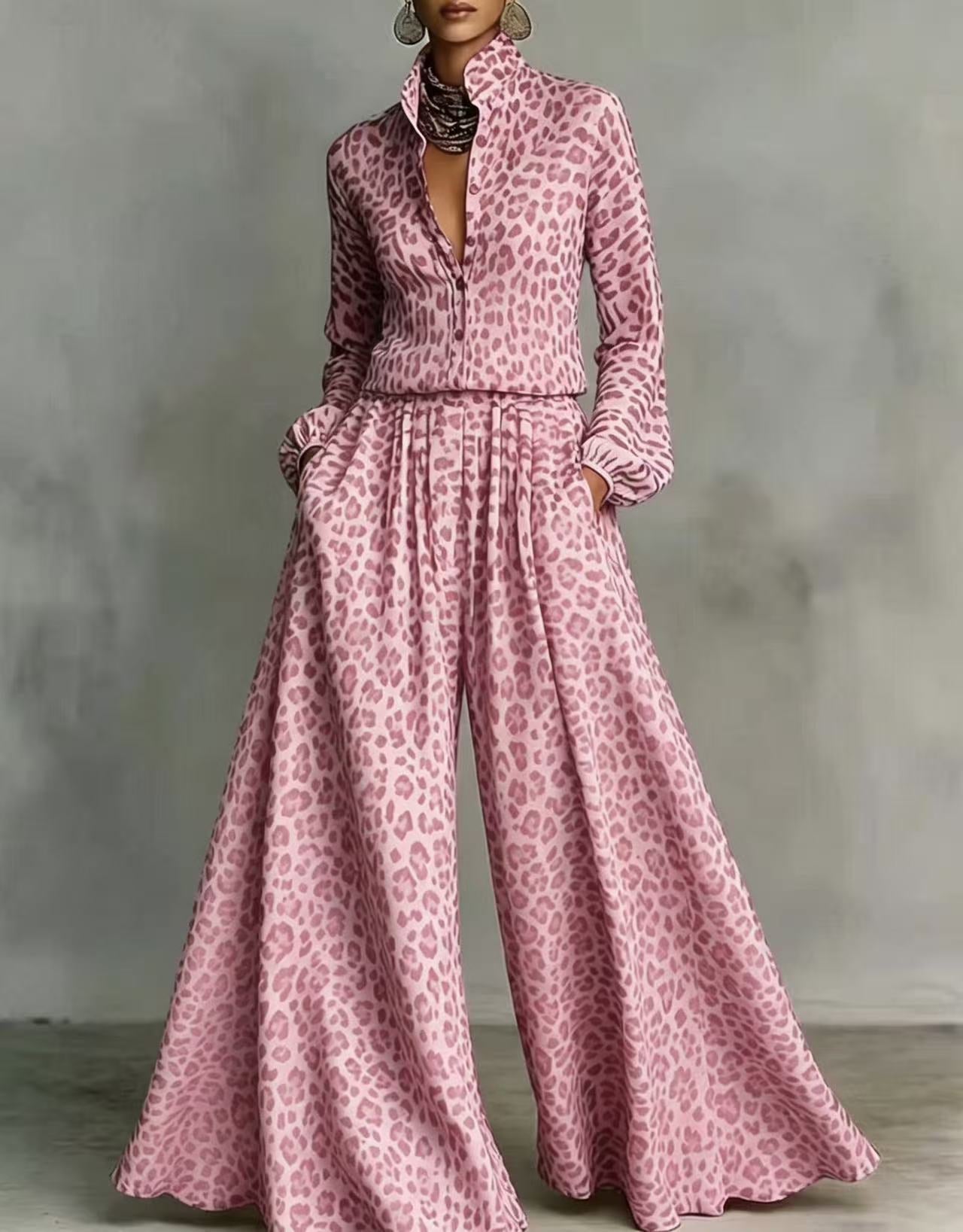Leopard Print Wide-Leg Pants Set | Women's Two-Piece Long Sleeve Outfit