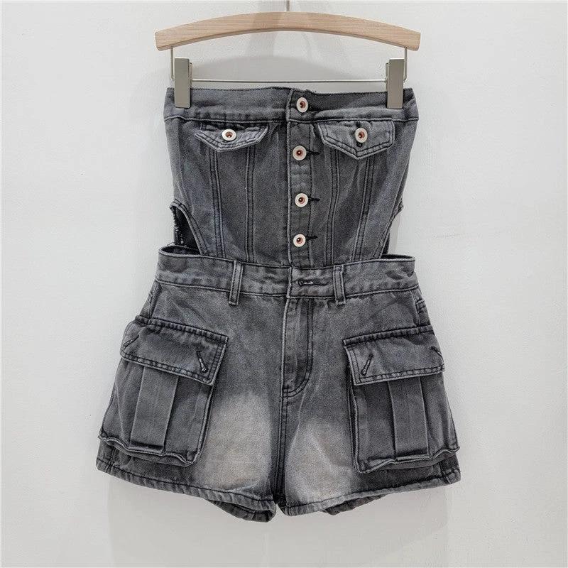 The Denim District Strapless Cutout Romper