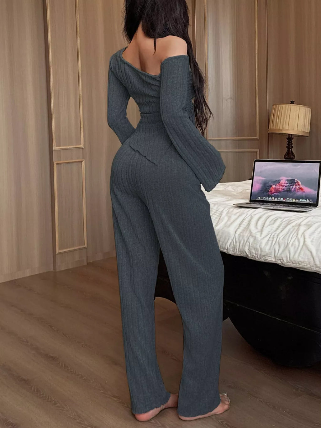 One-Shoulder Ribbed Knit Top and Pants Set