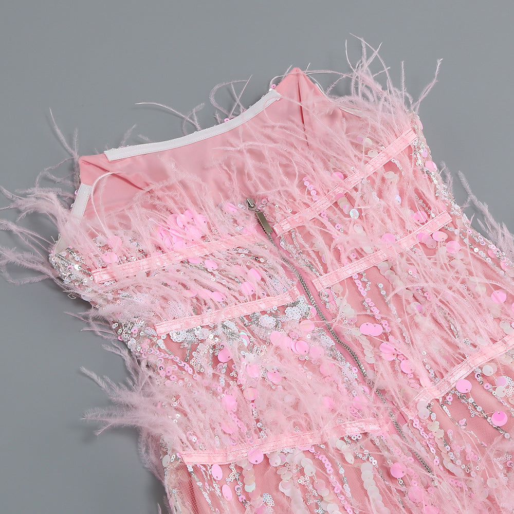 The Pink Spotlight Sequin & Feather-Trim Mini Dress
