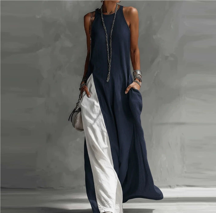 Off-Shoulder Color-Block Flared Maxi Dress with Pockets