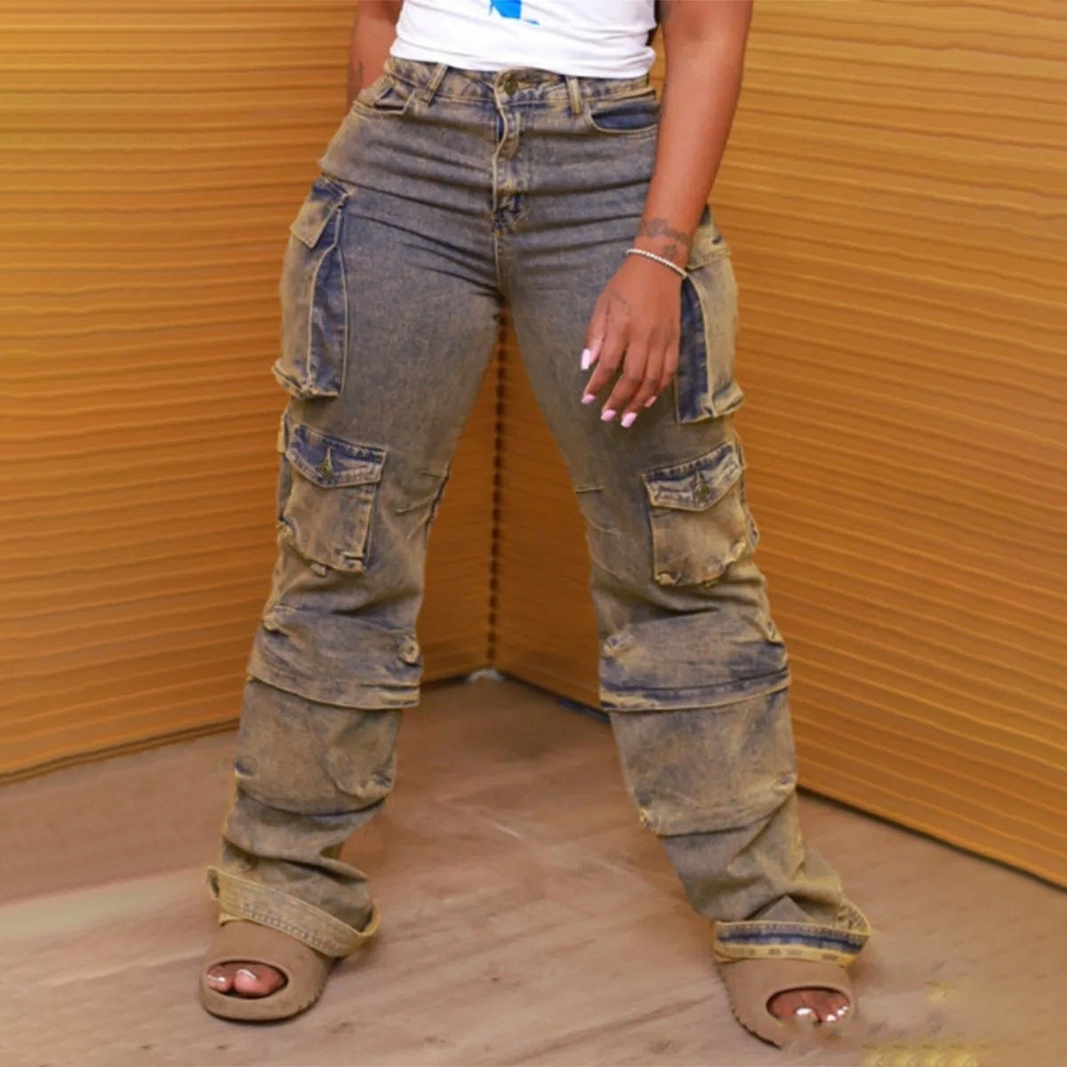 Distressed Washed Denim Cargo Jeans | Multi-Pocket Wide Leg