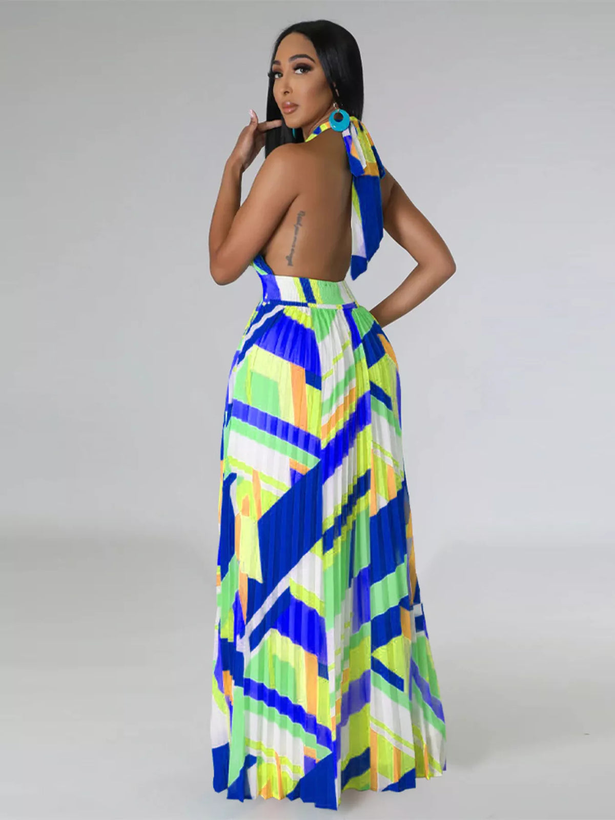 The Halter Geometric Pleated Maxi Dress