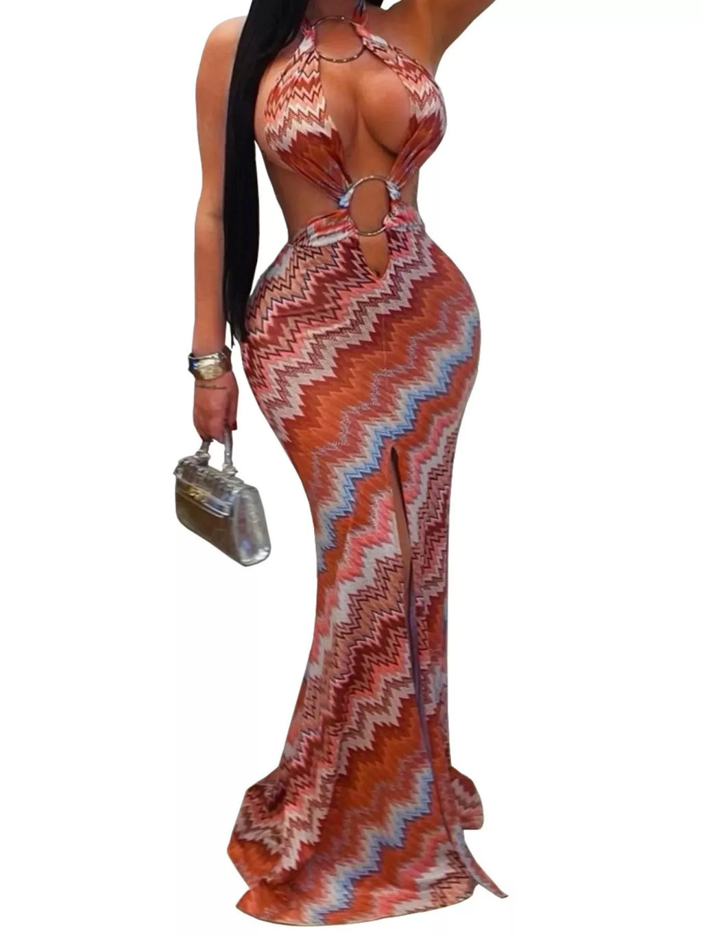The Sunset Rhythm Chevron Cutout Maxi Dress