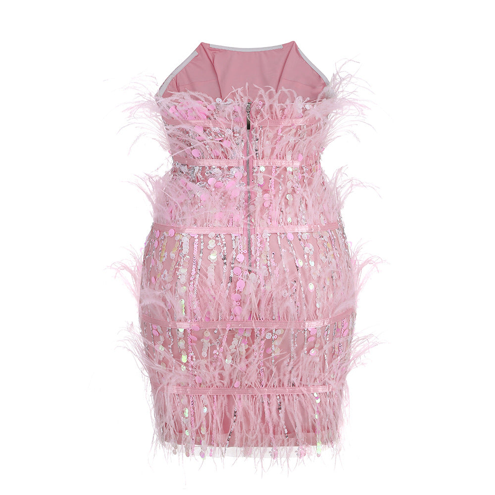 The Pink Spotlight Sequin & Feather-Trim Mini Dress