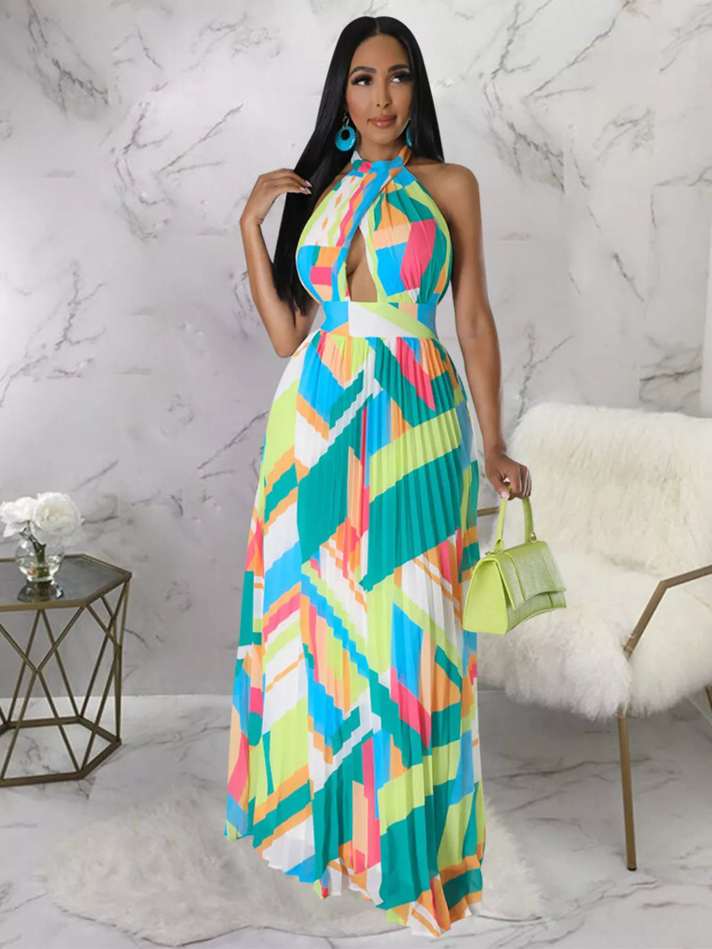 The Halter Geometric Pleated Maxi Dress