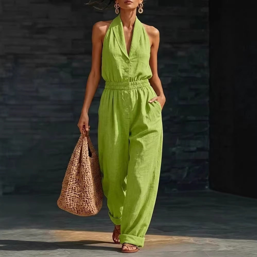 Halter Neck Button-Front Jumpsuit – Elastic Waist Wide-Leg Linen Style