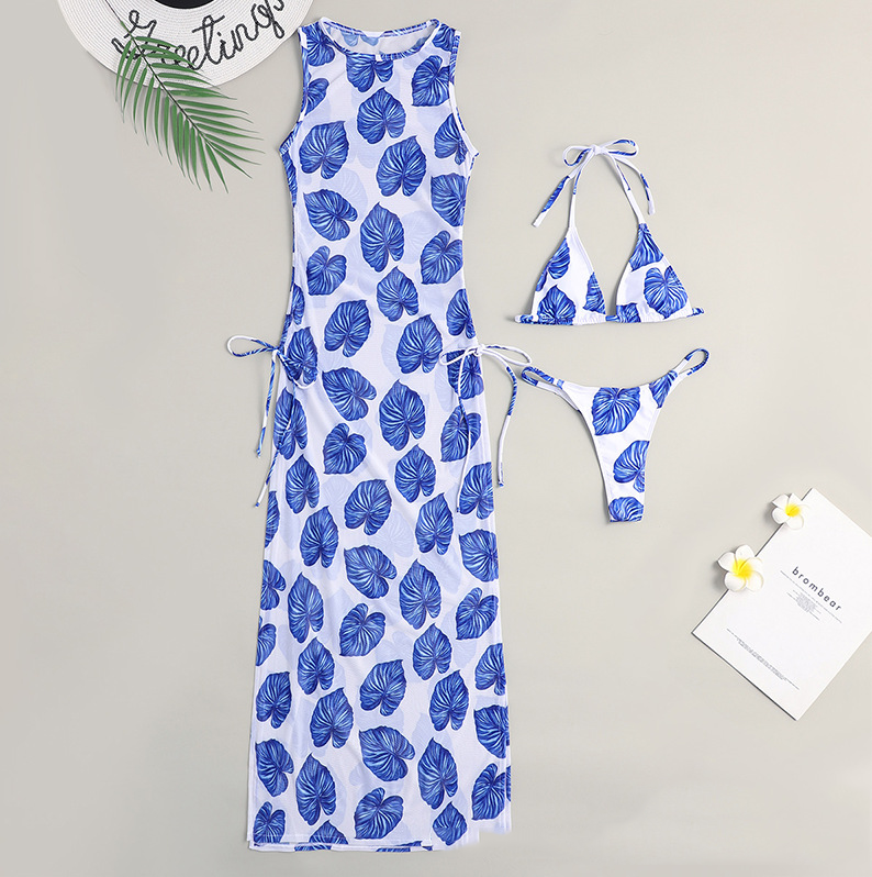 Solid Color Bikini Set with Maxi Dress Cover-Up | Women's Three-Piece Swimwear