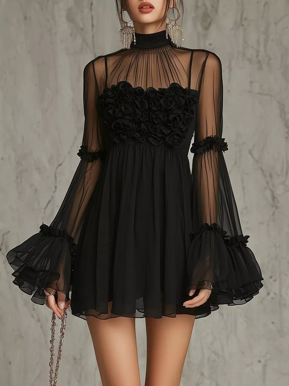 The Sheer Mesh Flare Sleeve Mini Dress