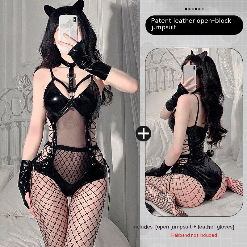 The Midnight Edge Patent-Look Lace-Up Lingerie Bodysuit