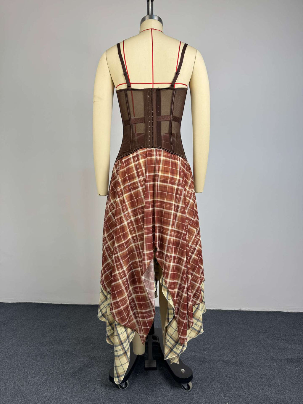 Sweetheart Corset Top & Plaid Asymmetrical Handkerchief Skirt Set
